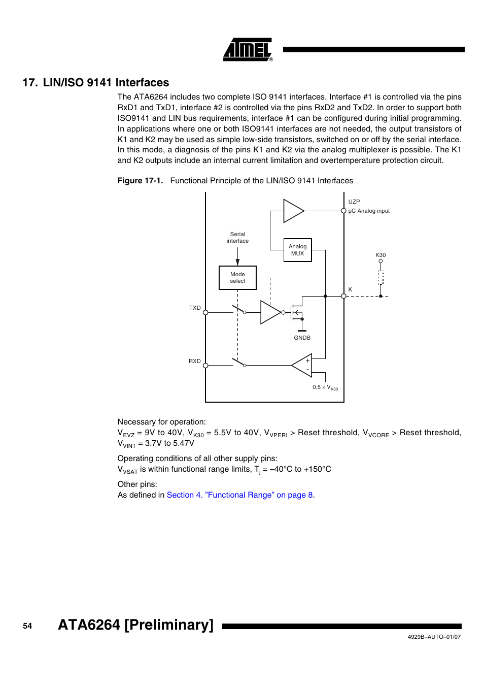 Lin/iso 9141 interfaces, Ata6264 [preliminary | Atmel ATA6264 User Manual | Page 54 / 83