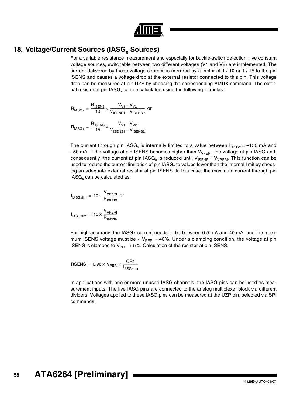 Voltage/current sources (iasgx sources), Ata6264 [preliminary, Voltage/current sources (iasg | Sources) | Atmel ATA6264 User Manual | Page 58 / 83