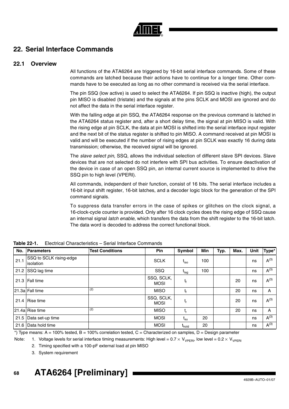 Serial interface commands, 1 overview, Section 22. ”serial interface com | Ata6264 [preliminary | Atmel ATA6264 User Manual | Page 68 / 83