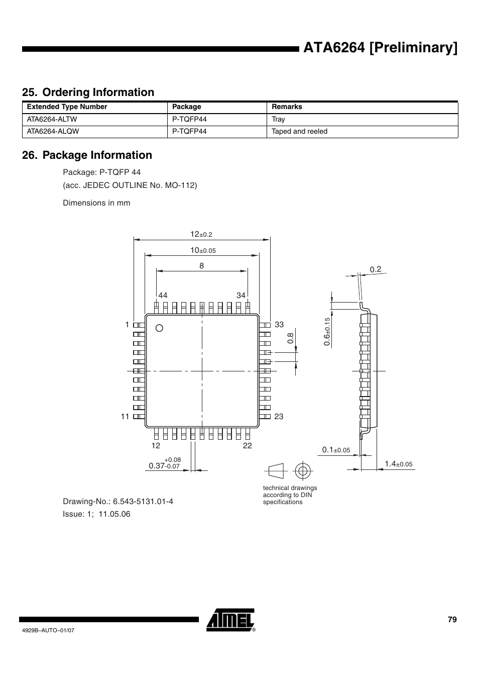 Ordering information, Package information, Ata6264 [preliminary | Package information 25. ordering information | Atmel ATA6264 User Manual | Page 79 / 83