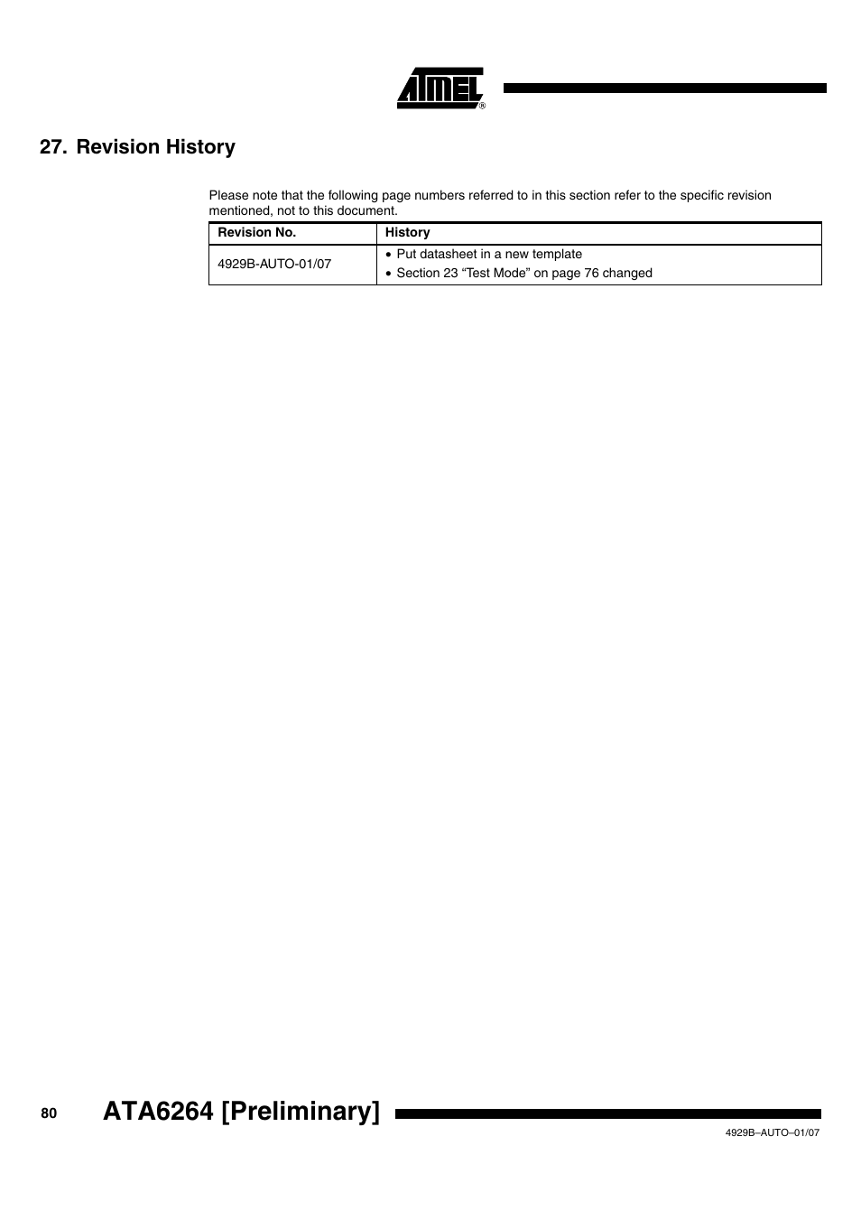 Revision history, Ata6264 [preliminary | Atmel ATA6264 User Manual | Page 80 / 83