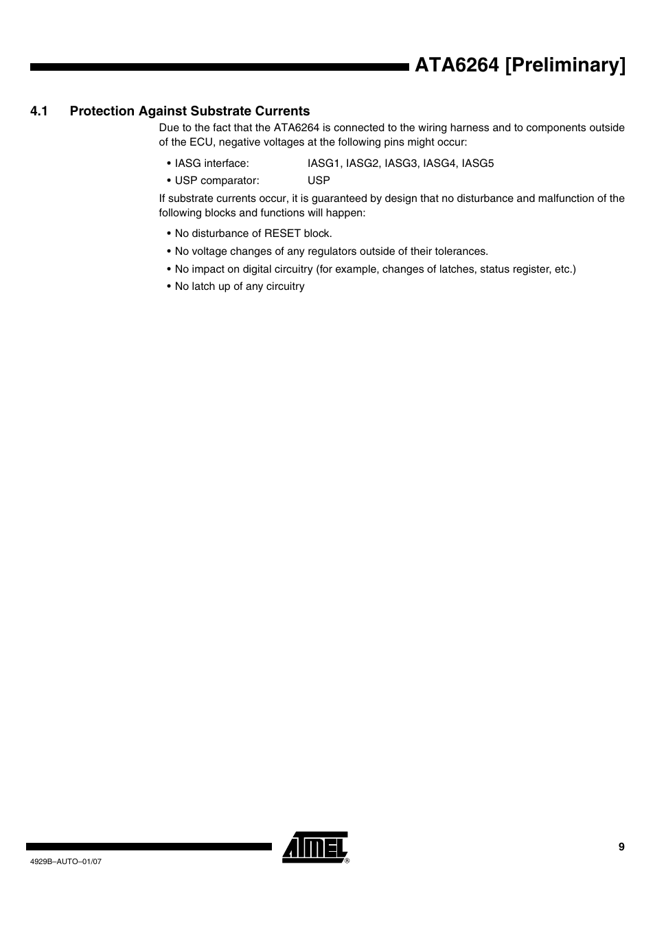 1 protection against substrate currents, Ata6264 [preliminary | Atmel ATA6264 User Manual | Page 9 / 83