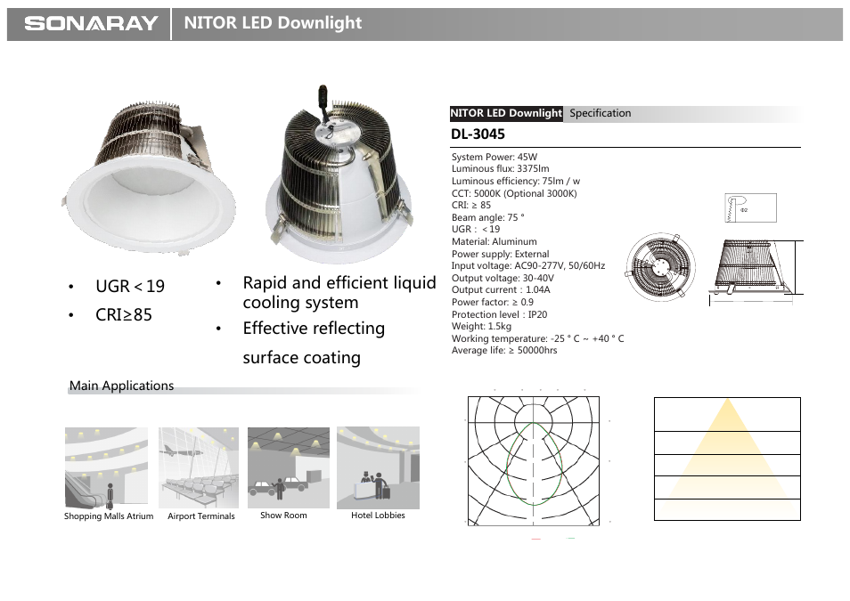 Nitor led downlight, Main applications, Specification nitor led downlight | Illuminance distribution light distribution map | Sonaray DownLight NITOR 3000 User Manual | Page 2 / 3