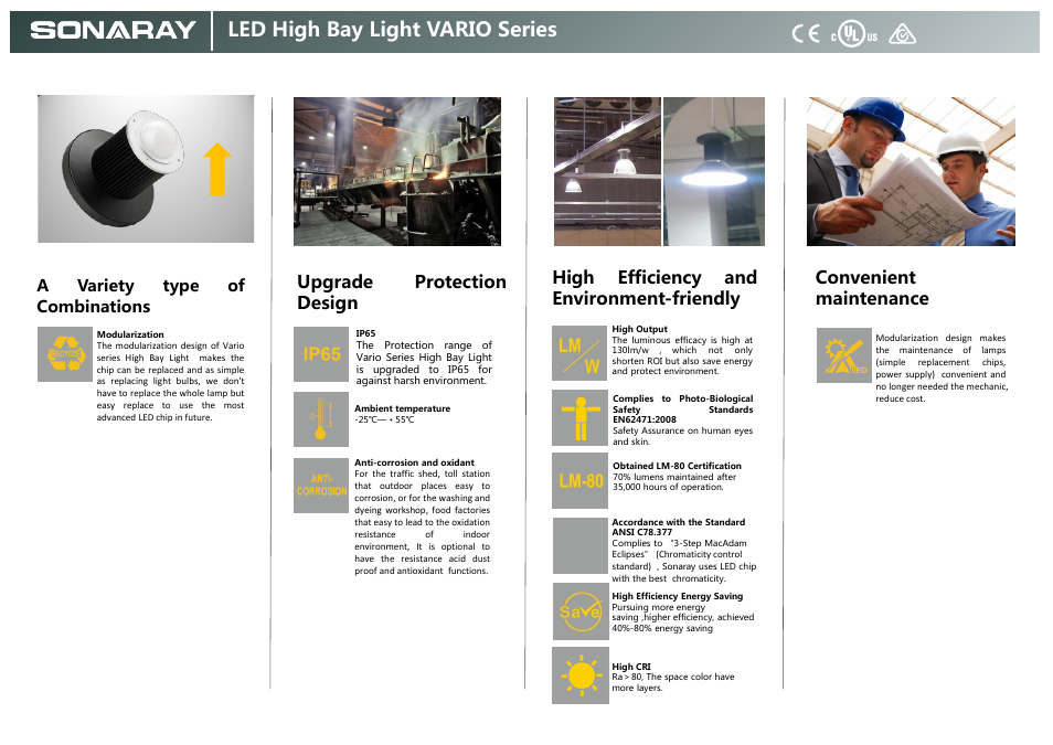 Led high bay light vario series, Convenient maintenance, Ip65 rohs | Avariety type of combinations | Sonaray HB-2100A User Manual | Page 2 / 12