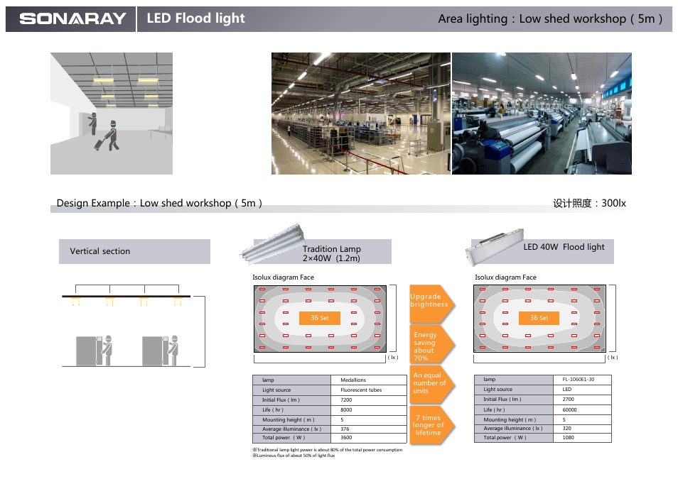 Led flood light, Area lighting：low shed workshop（5m, 设计照度：300lx design example：low shed workshop（5m | Led 40w flood light | Sonaray FL-1060E1-30 User Manual | Page 6 / 9