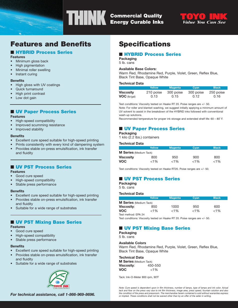 Think, Specifications, Features and benefits | Commercial quality energy curable inks | Toyo Ink UV and Hybrid Process Series - UV PST Process Series User Manual | Page 2 / 2
