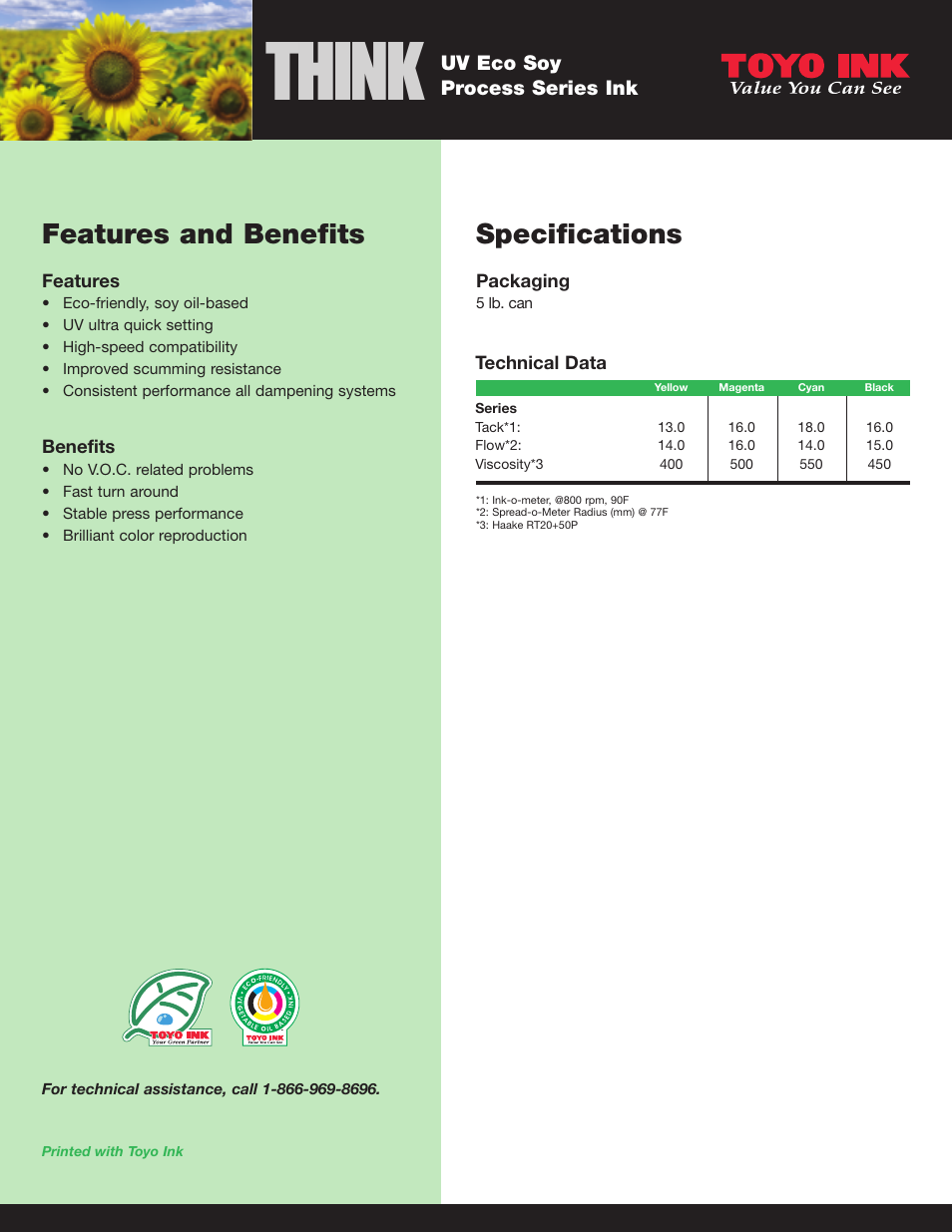 Think, Specifications, Features and benefits | Toyo Ink UV Eco Soy Process Series Ink User Manual | Page 2 / 2