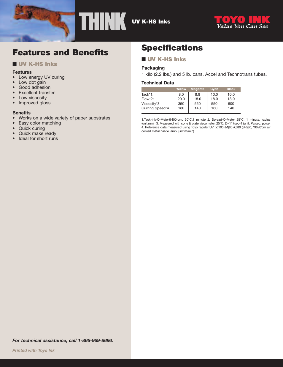 Think, Features and benefits, Specifications | Toyo Ink UV K-HS Inks User Manual | Page 2 / 2