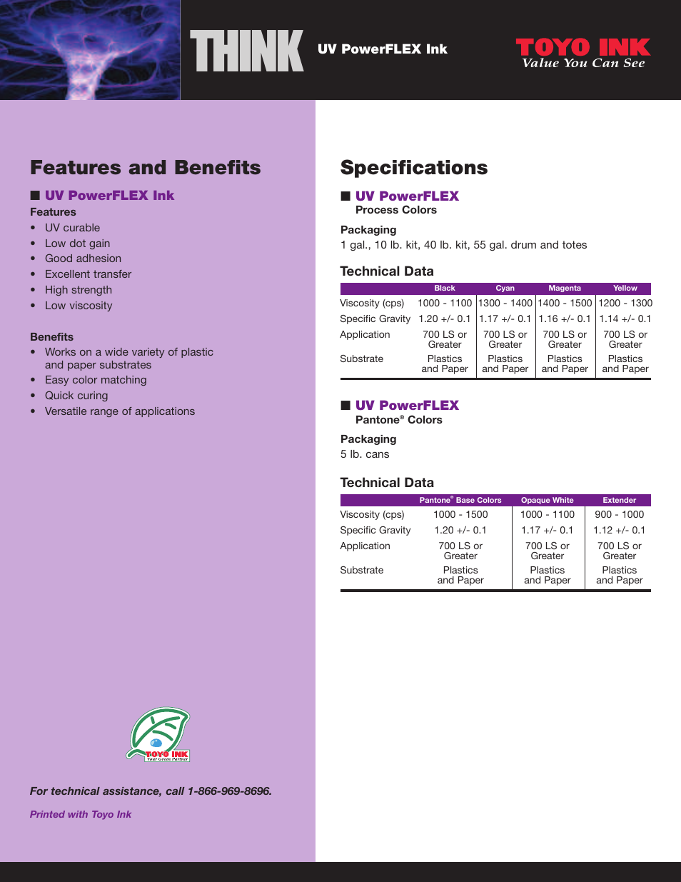 Think, Features and benefits, Specifications | Toyo Ink UV PowerFLEX Ink User Manual | Page 2 / 2