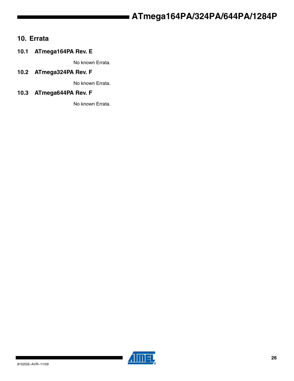 Errata, 1 atmega164pa rev. e, 2 atmega324pa rev. f | 3 atmega644pa rev. f | Atmel ATmega324PA User Manual | Page 26 / 30