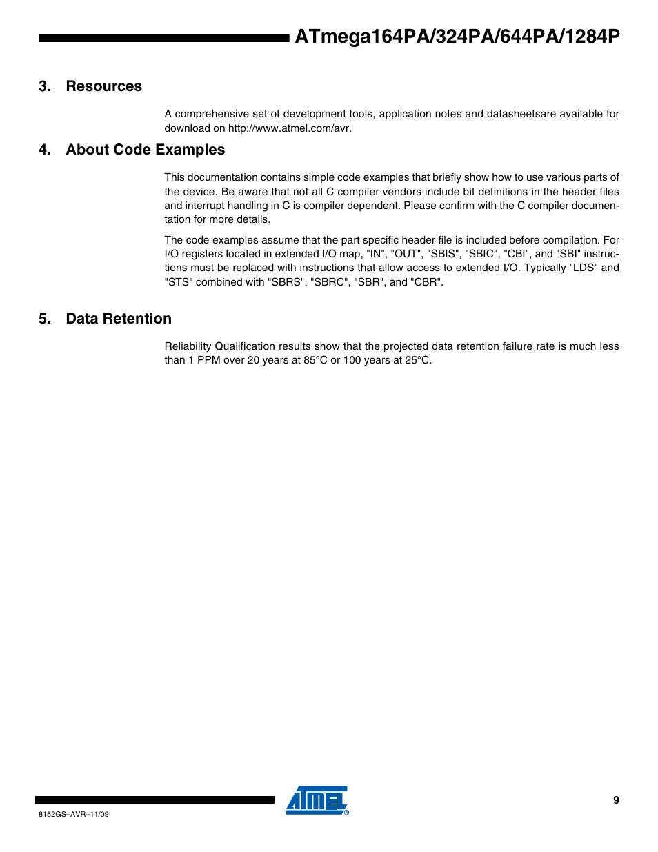 Resources, About code examples, Data retention | Atmel ATmega324PA User Manual | Page 9 / 30