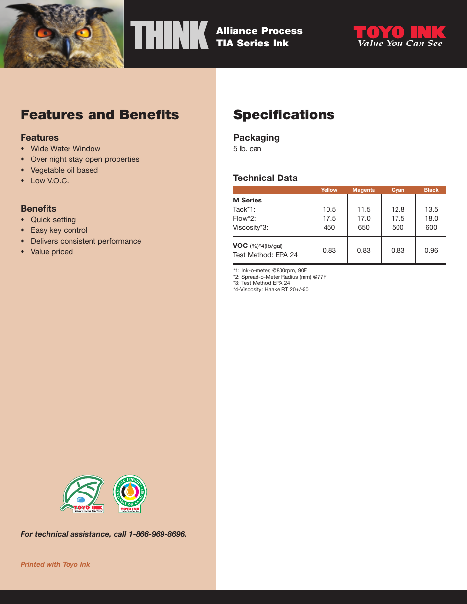 Think, Specifications, Features and benefits | Alliance process tia series ink | Toyo Ink Alliance Process TIA Series Ink User Manual | Page 2 / 2