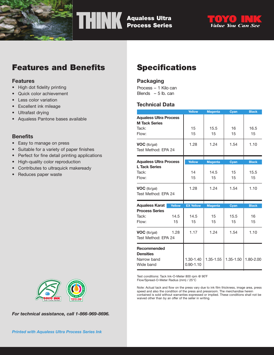 Think, Specifications, Features and benefits | Aqualess ultra process series | Toyo Ink Aqualess Ultra Process Ink Series User Manual | Page 2 / 2