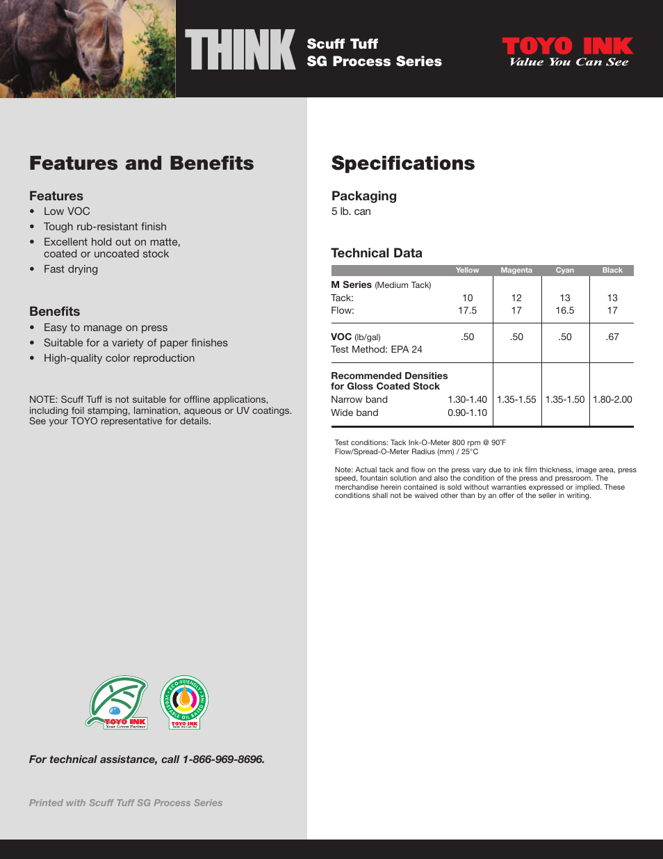 Think, Specifications, Features and benefits | Scuff tuff sg process series | Toyo Ink Scuff Tuff SG Process Series User Manual | Page 2 / 2