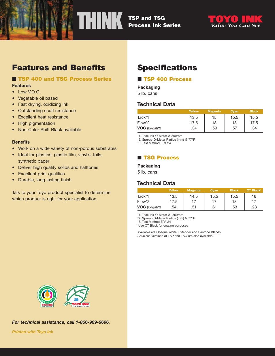 Think, Features and benefits, Specifications | Toyo Ink TSP and TSG Process Ink Series User Manual | Page 2 / 2