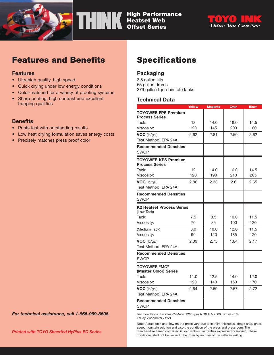 Think, Specifications, Features and benefits | High performance heatset web offset series | Toyo Ink High Performance Heatset Web Offset Series User Manual | Page 2 / 2