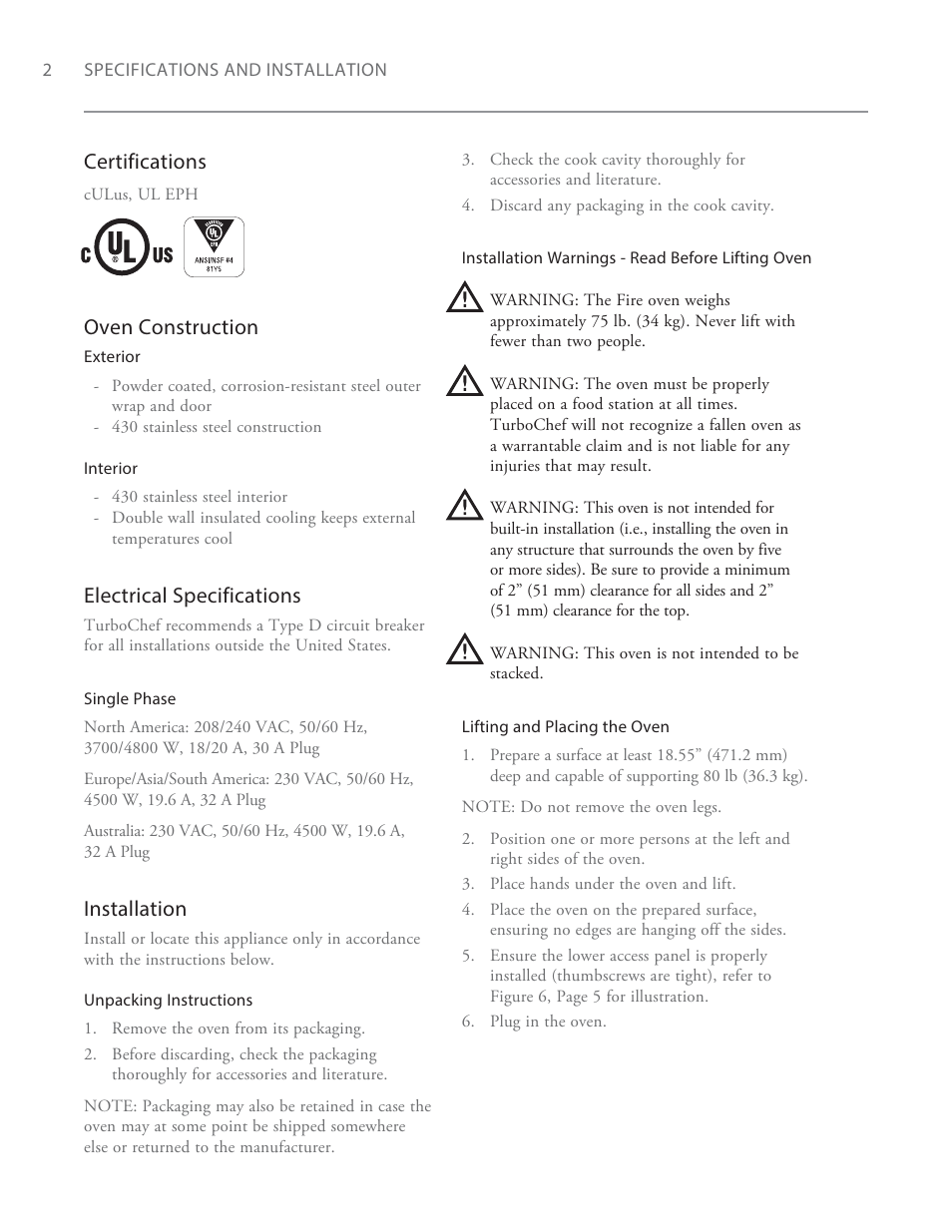 Certifications, Oven construction, Electrical specifications | Installation | TurboChef Technologies Fire Oven User Manual | Page 10 / 24
