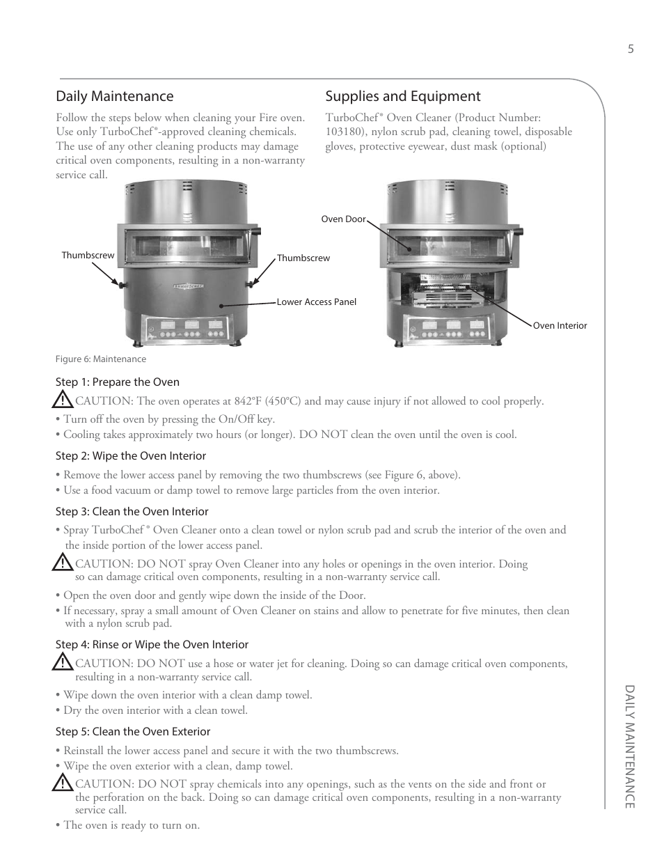 Daily maintenance, Supplies and equipment | TurboChef Technologies Fire Oven User Manual | Page 13 / 24