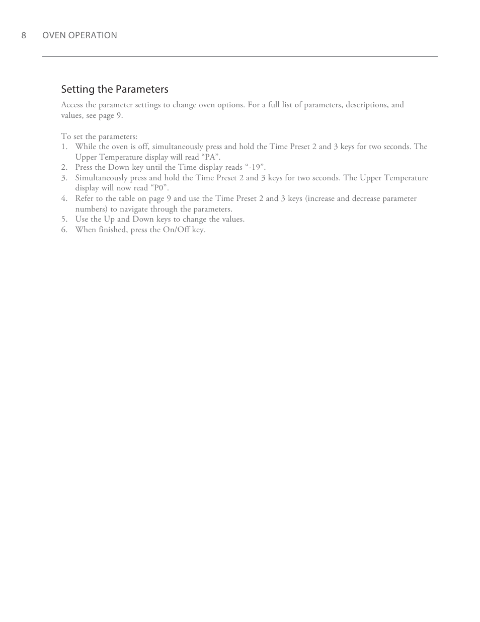 Setting the parameters | TurboChef Technologies Fire Oven User Manual | Page 16 / 24