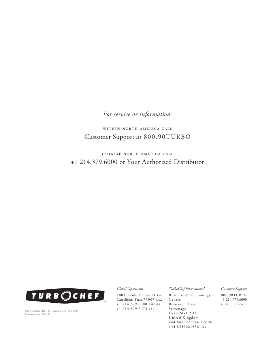 For service or information | TurboChef Technologies Fire Oven User Manual | Page 24 / 24