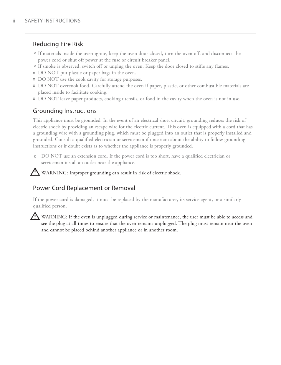 Reducing fire risk, Grounding instructions, Power cord replacement or removal | TurboChef Technologies Fire Oven User Manual | Page 8 / 24
