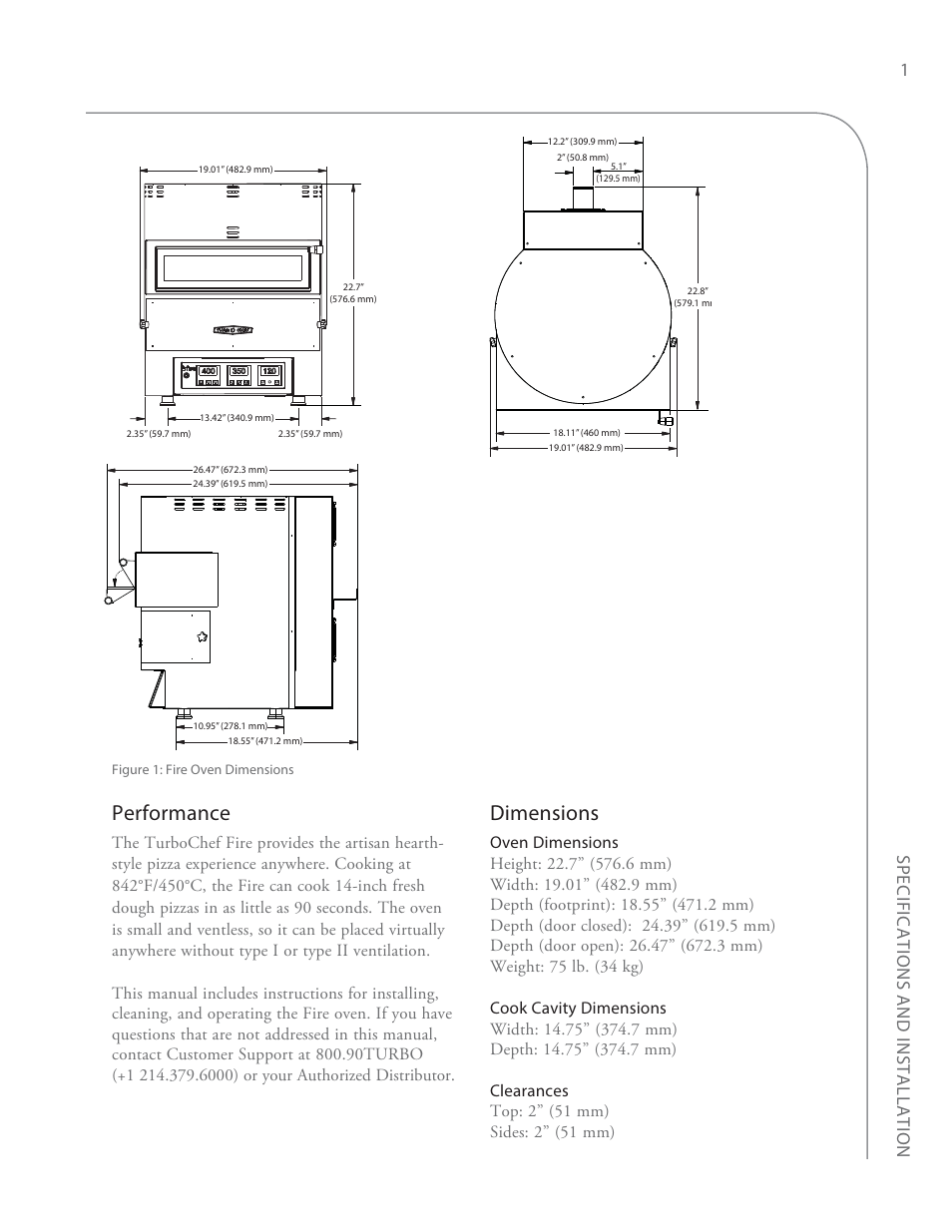 Performance, Dimensions, Specifications and installation 1 | TurboChef Technologies Fire Oven User Manual | Page 9 / 24