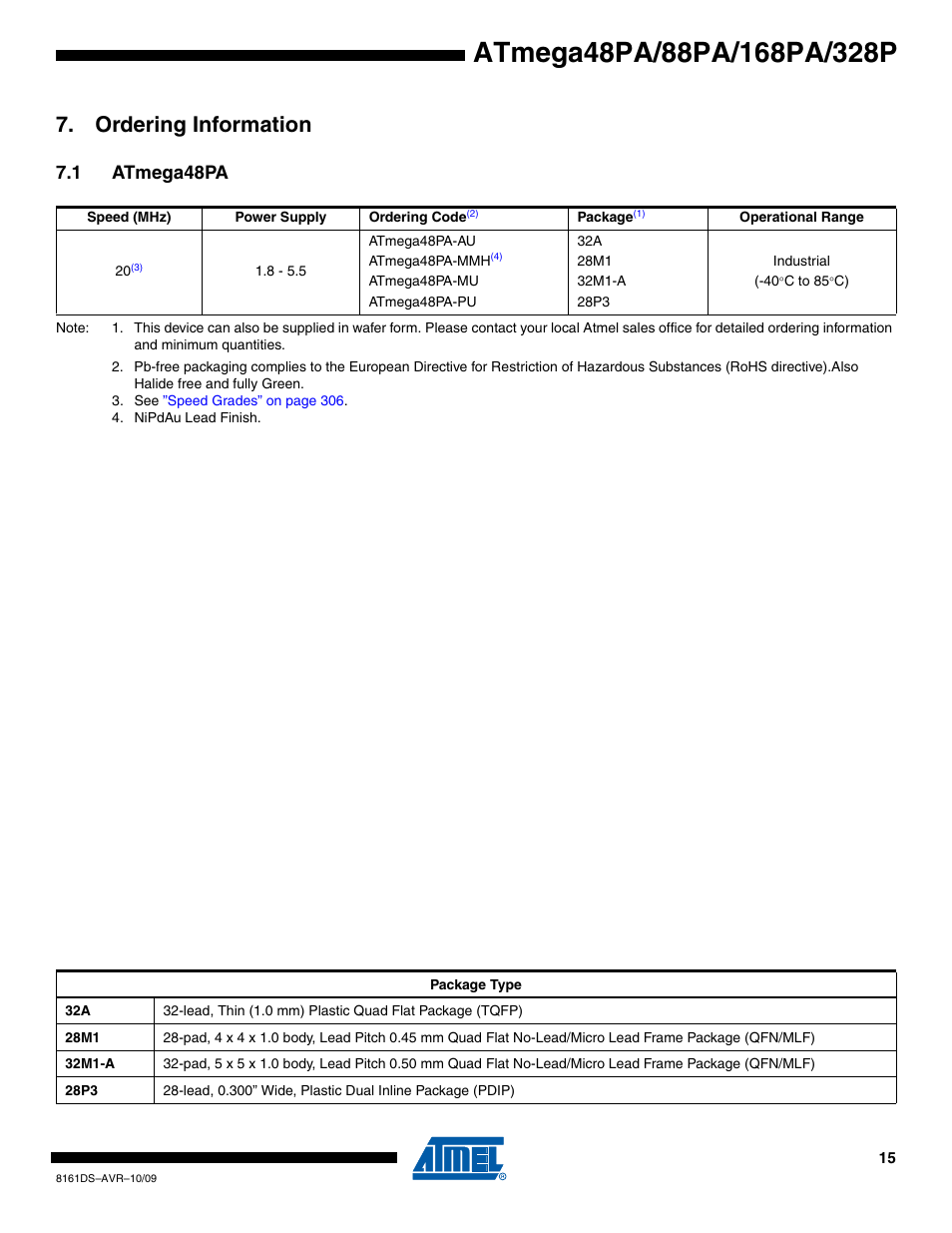 Ordering information, 1 atmega48pa | Atmel ATmega88PA User Manual | Page 15 / 26