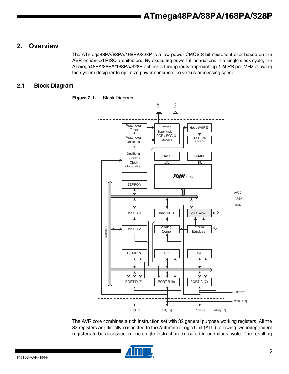 Overview, 1 block diagram | Atmel ATmega88PA User Manual | Page 5 / 26