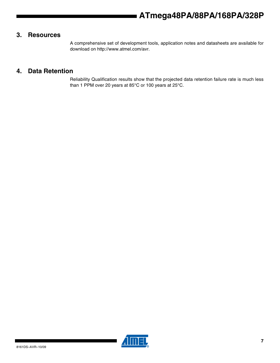 Resources, Data retention | Atmel ATmega88PA User Manual | Page 7 / 26