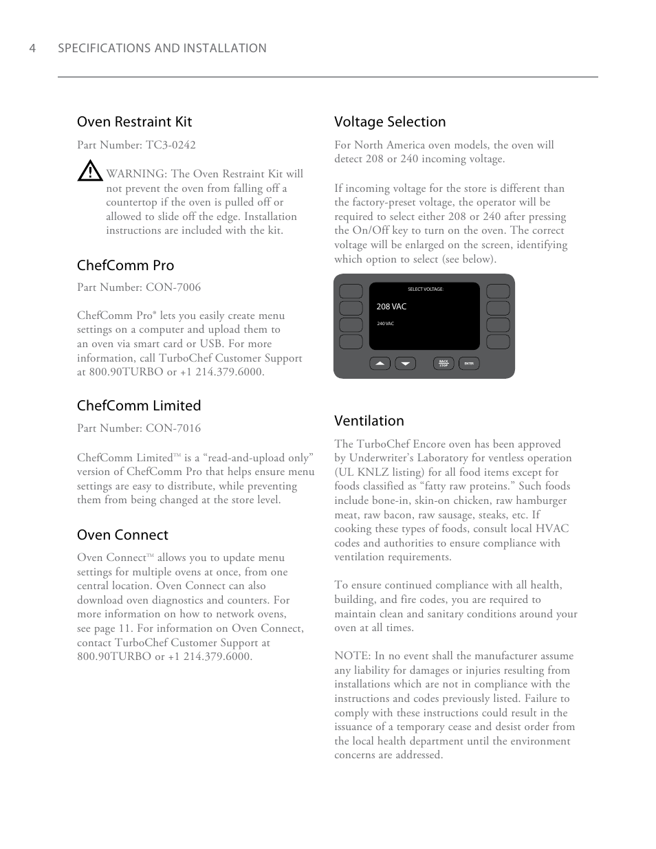 Oven restraint kit, Chefcomm pro chefcomm limited, Oven connect | Voltage selection, Ventilation | TurboChef Technologies Encore EN User Manual | Page 10 / 32