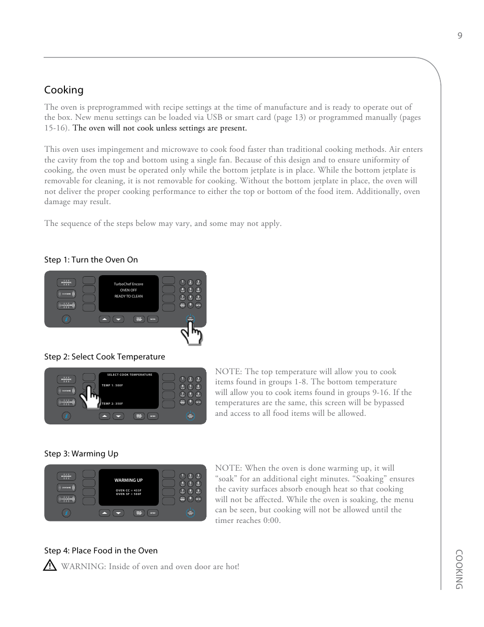 Cooking, Coo king 9 | TurboChef Technologies Encore EN User Manual | Page 15 / 32