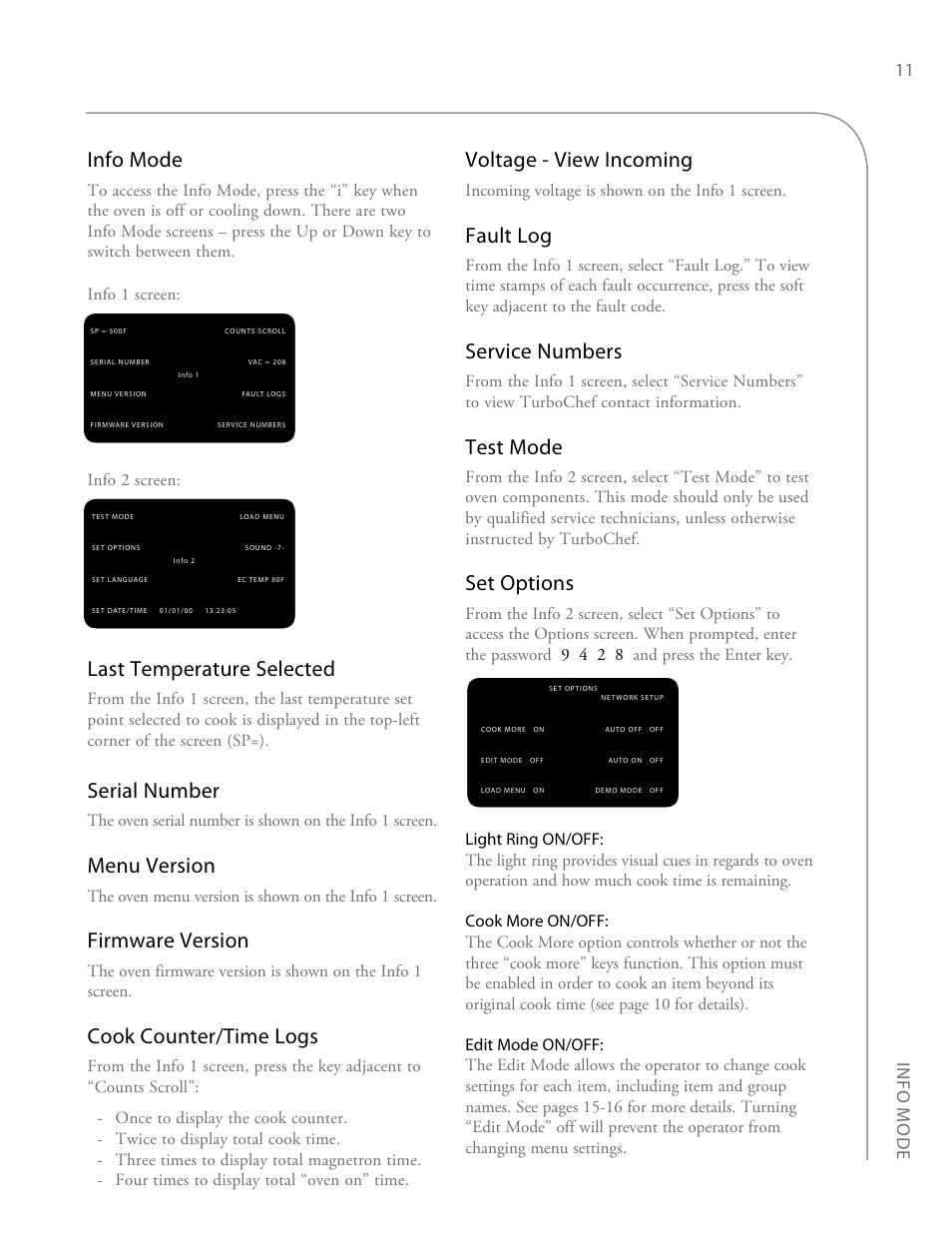 Info mode, Last temperature selected, Serial number | Menu version, Firmware version, Cook counter/time logs, Voltage - view incoming, Fault log, Service numbers, Test mode | TurboChef Technologies Encore EN User Manual | Page 17 / 32