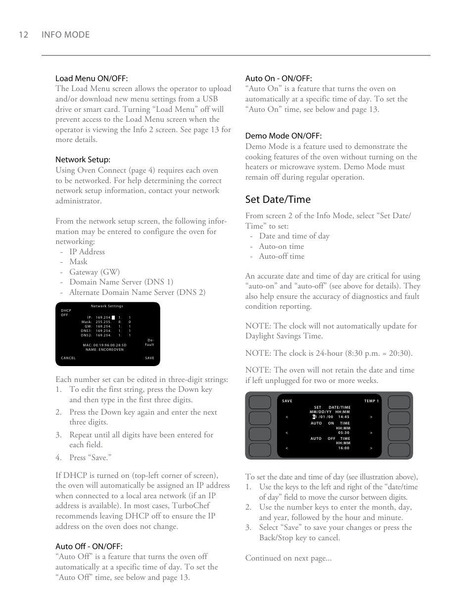 Set date/time, 12 info mode | TurboChef Technologies Encore EN User Manual | Page 18 / 32