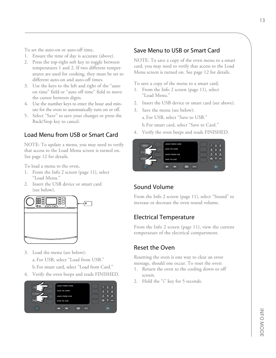 Load menu from usb or smart card, Save menu to usb or smart card, Sound volume | Electrical temperature, Reset the oven | TurboChef Technologies Encore EN User Manual | Page 19 / 32