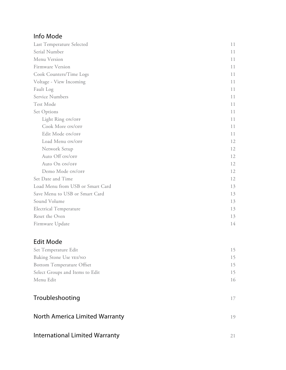 Info mode, Edit mode, Troubleshooting | North america limited warranty, International limited warranty | TurboChef Technologies Encore EN User Manual | Page 4 / 32