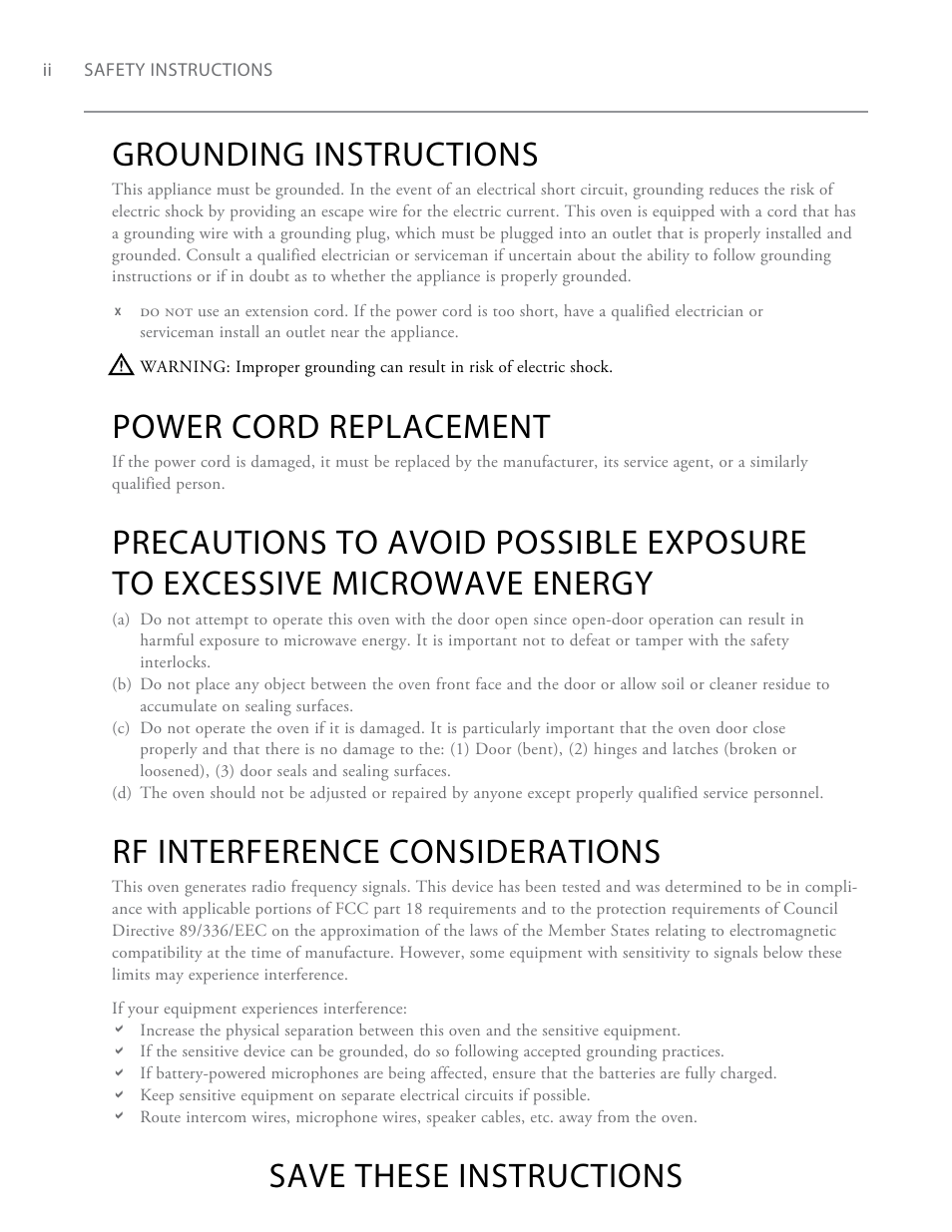 Grounding instructions, Power cord replacement, Rf interference considerations | Save these instructions | TurboChef Technologies Encore EN User Manual | Page 6 / 32