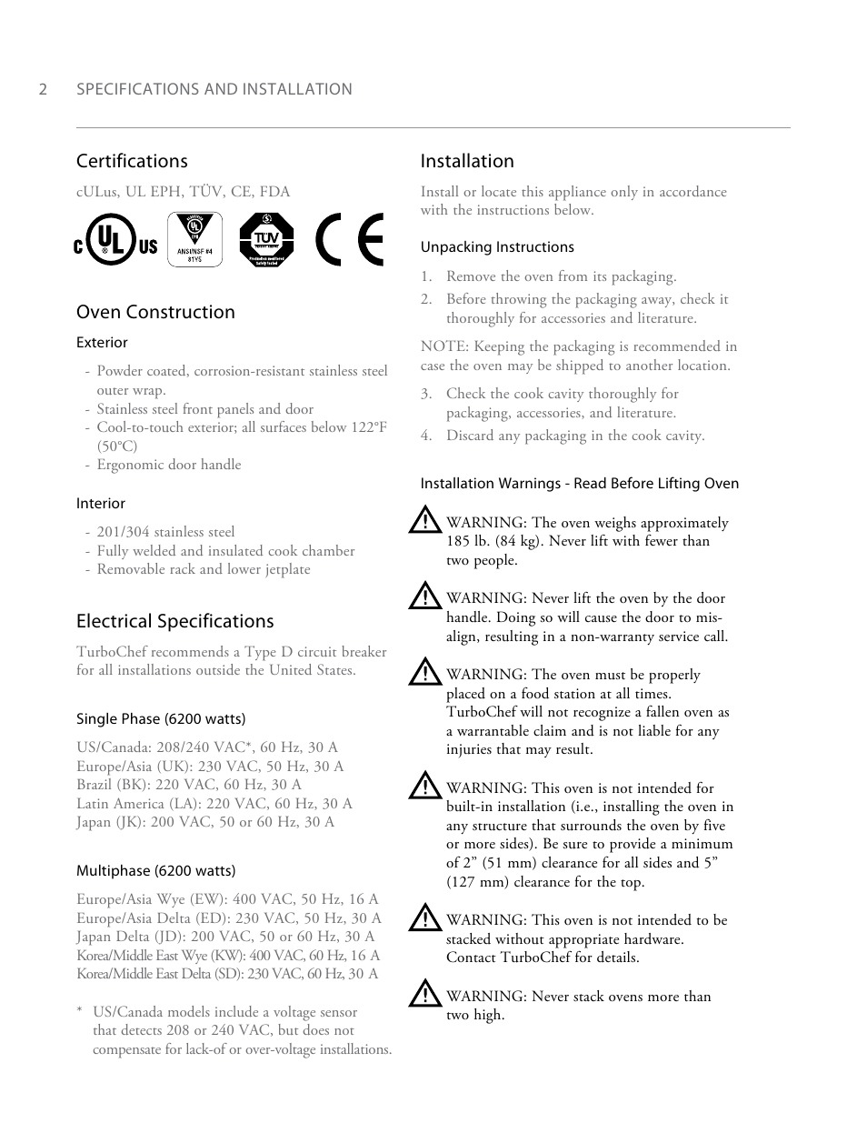 Certifications, Oven construction, Electrical specifications | Installation | TurboChef Technologies Encore EN User Manual | Page 8 / 32