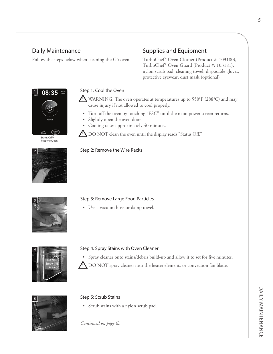 Daily maintenance, Supplies and equipment, 5dail y maint enanc e | TurboChef Technologies G5 User Manual | Page 11 / 42