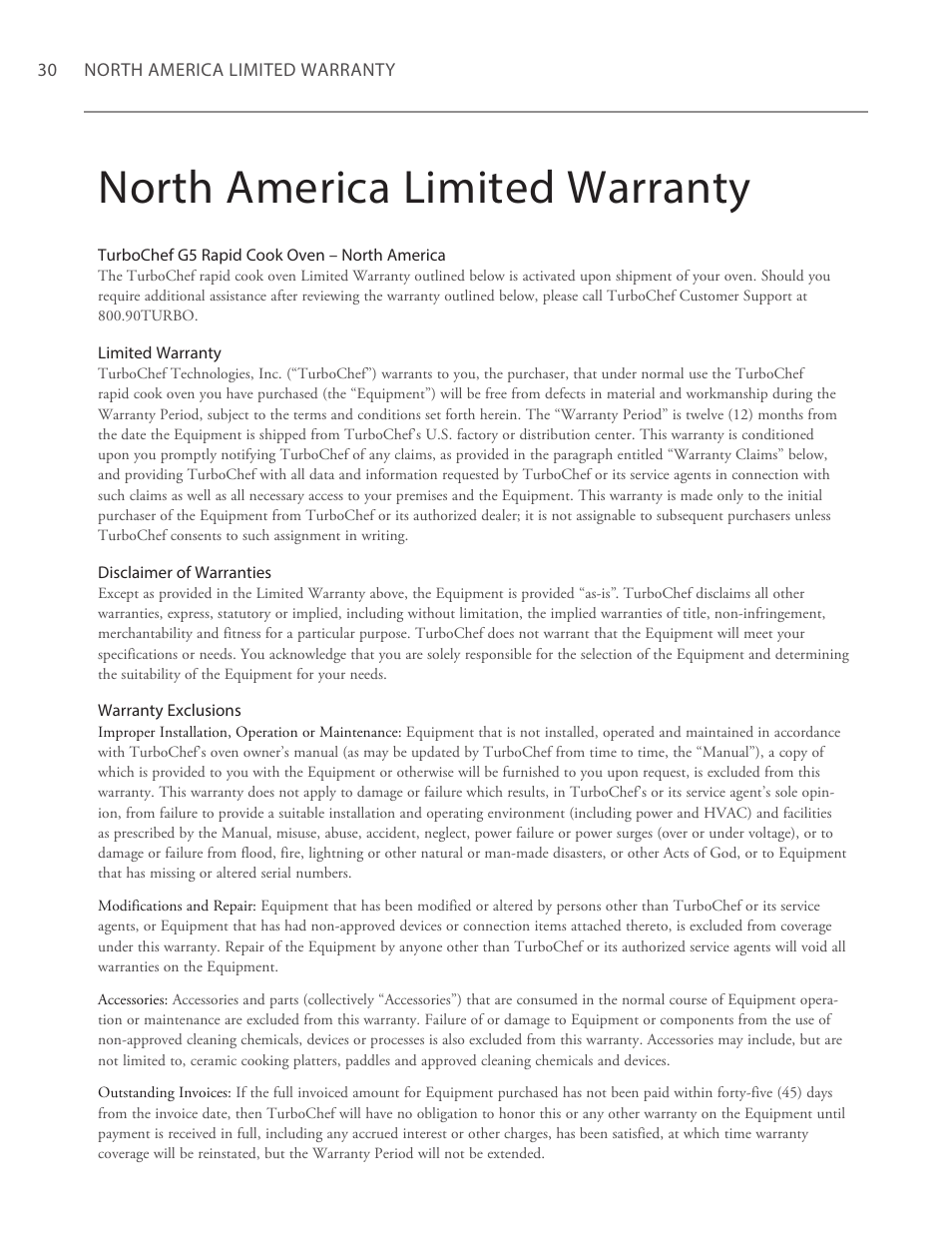 North america limited warranty | TurboChef Technologies G5 User Manual | Page 36 / 42