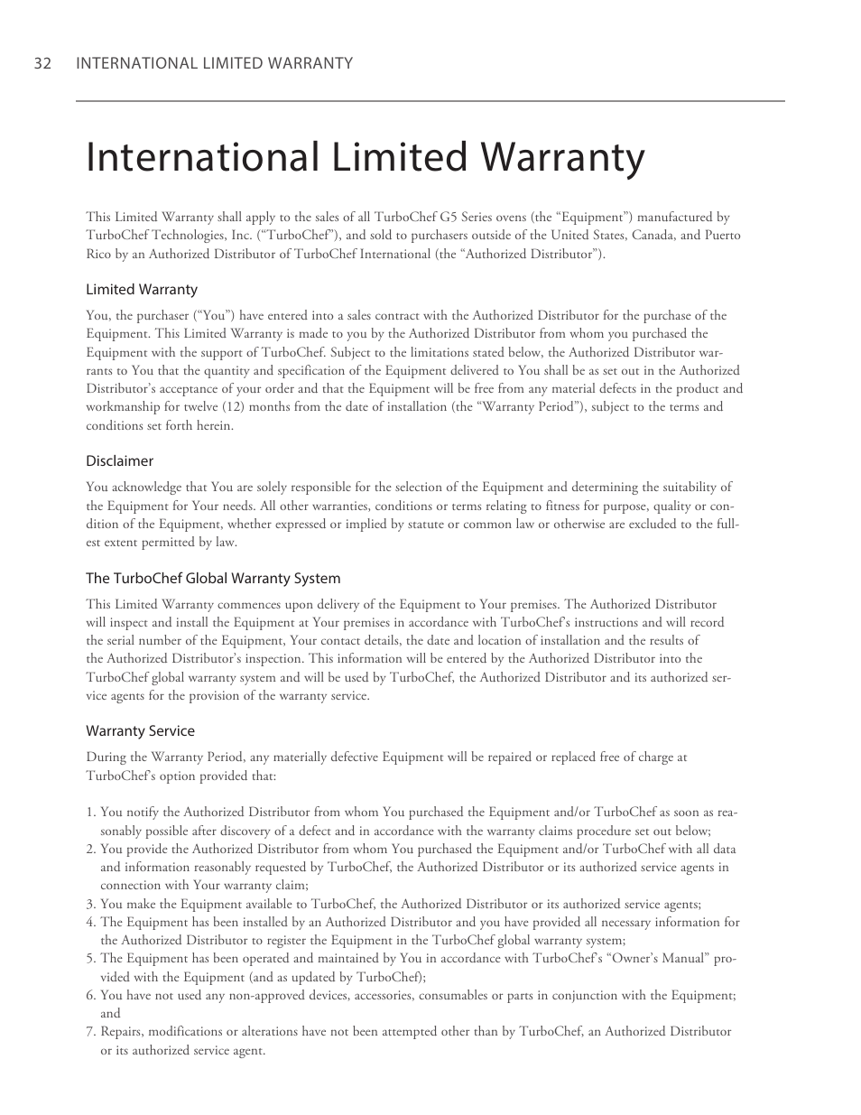 International limited warranty | TurboChef Technologies G5 User Manual | Page 38 / 42