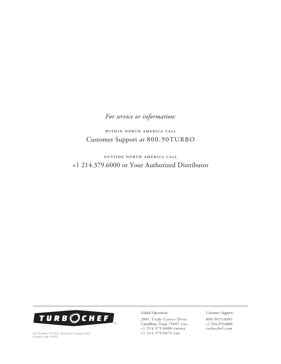 For service or information, Turbo | TurboChef Technologies G5 User Manual | Page 42 / 42
