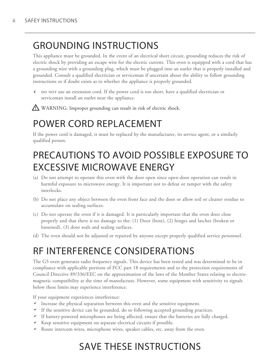 Grounding instructions, Power cord replacement, Rf interference considerations | Save these instructions | TurboChef Technologies G5 User Manual | Page 6 / 42