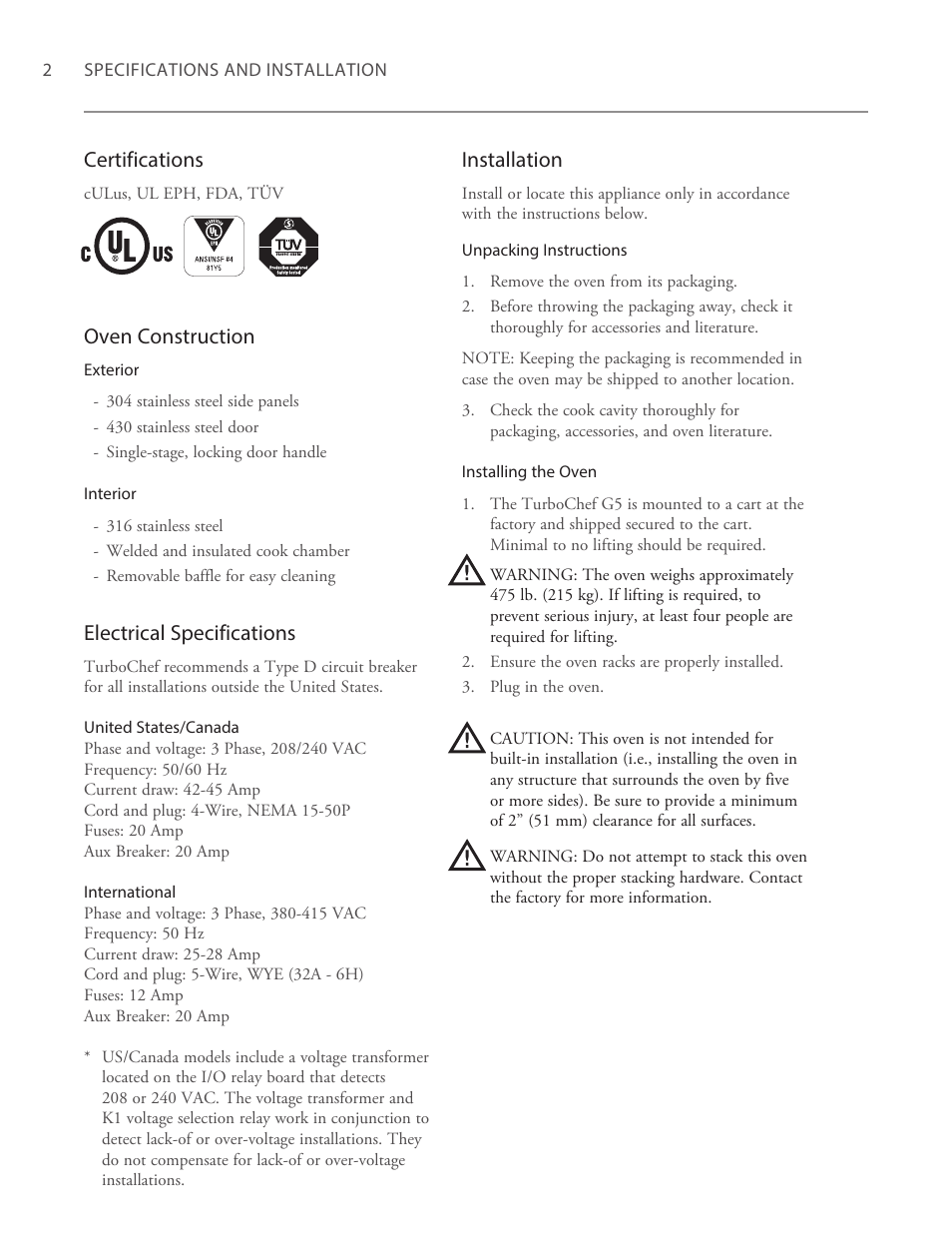 Certifications, Oven construction, Electrical specifications | Installation | TurboChef Technologies G5 User Manual | Page 8 / 42