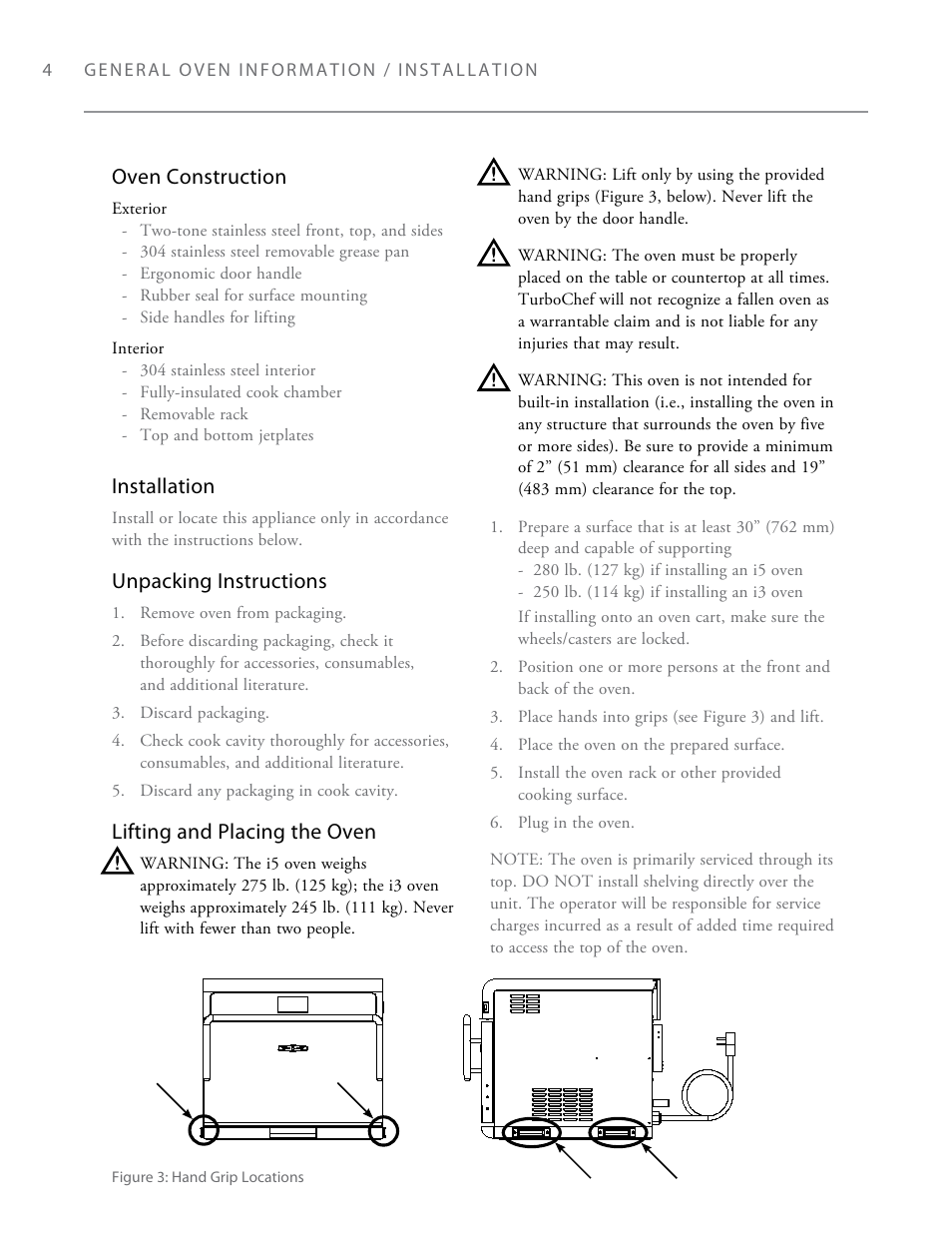 Oven construction, Installation, Unpacking instructions | Lifting and placing the oven | TurboChef Technologies i3 EN User Manual | Page 12 / 34