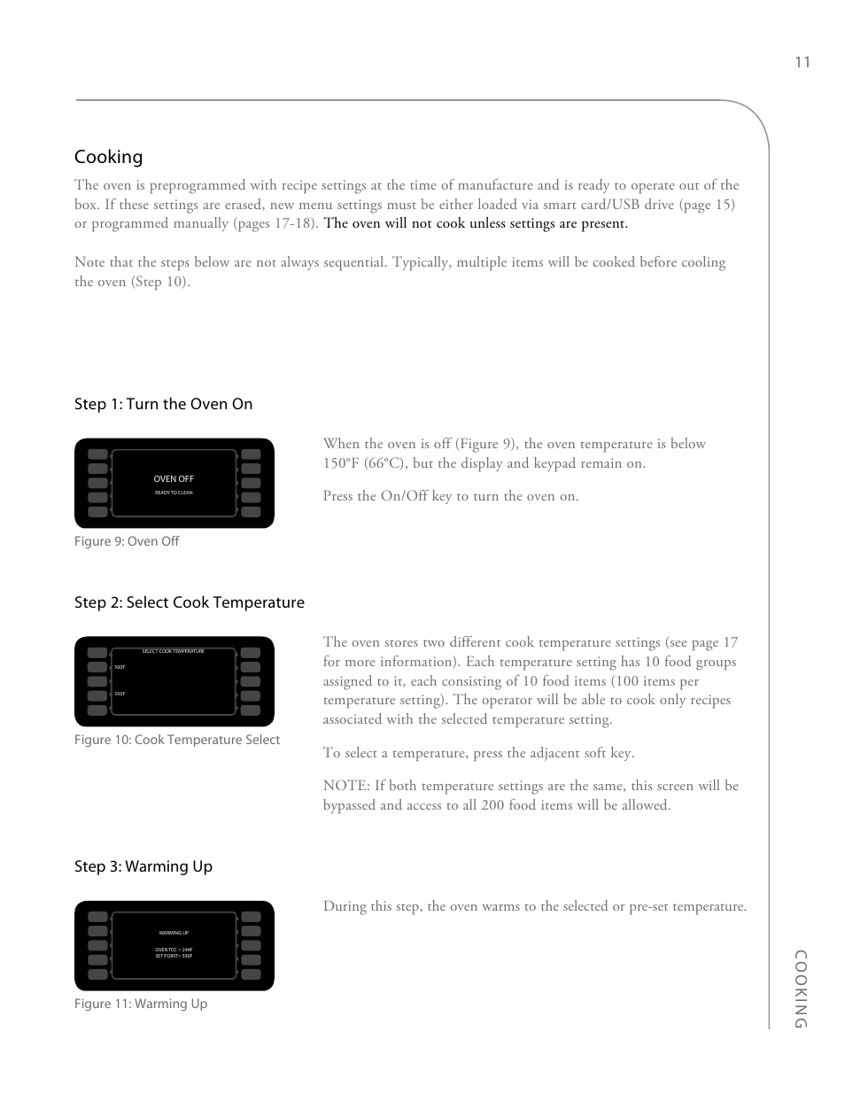 Cooking, Cooking 11, Step 3: warming up | Step 2: select cook temperature, Step 1: turn the oven on | TurboChef Technologies i3 EN User Manual | Page 19 / 34