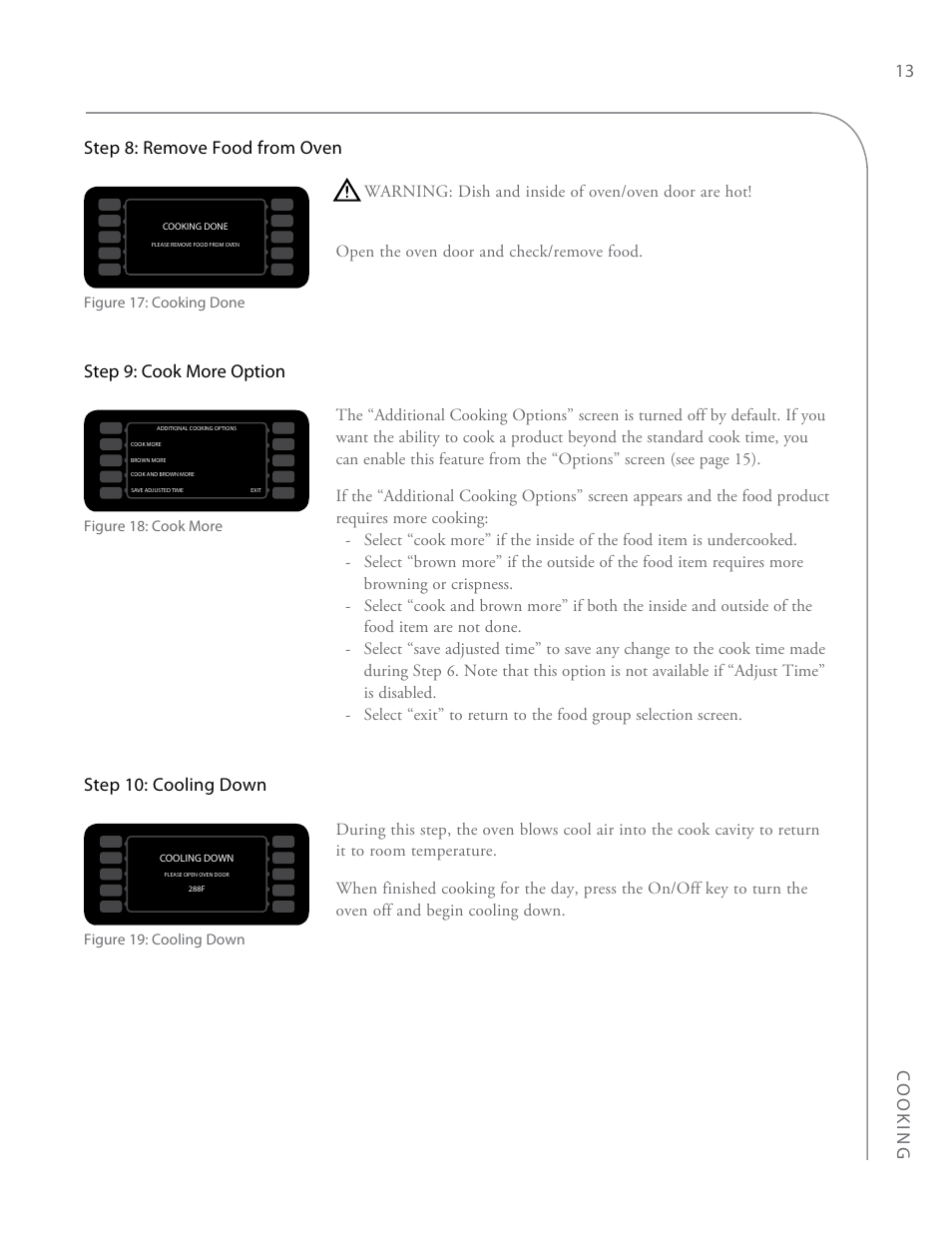 Cooking 13, Step 8: remove food from oven, Step 9: cook more option | Step 10: cooling down | TurboChef Technologies i3 EN User Manual | Page 21 / 34