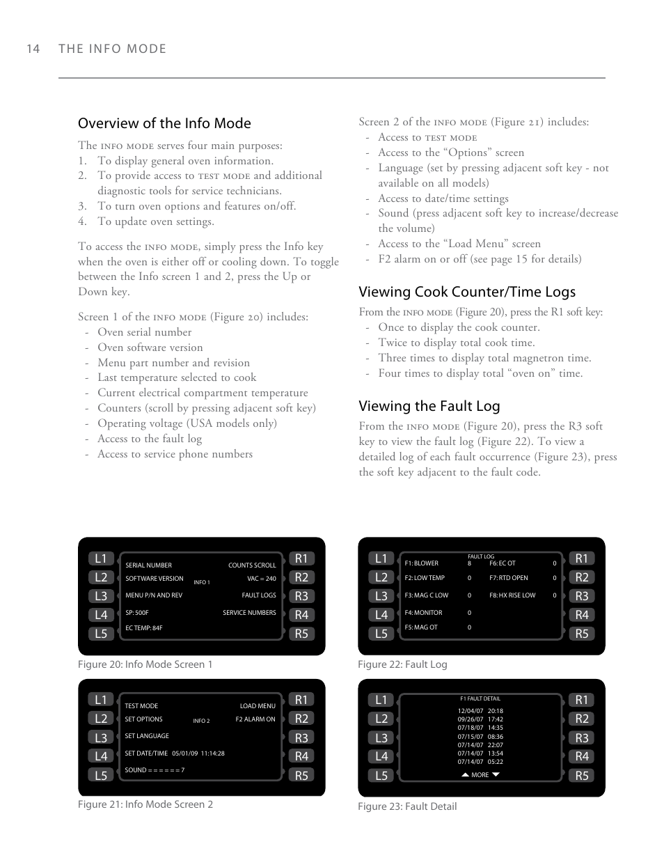 Overview of the info mode, Viewing cook counter/time logs, Viewing the fault log | The info mode 14, Figure 22: fault log, Figure 23: fault detail | TurboChef Technologies i3 EN User Manual | Page 22 / 34