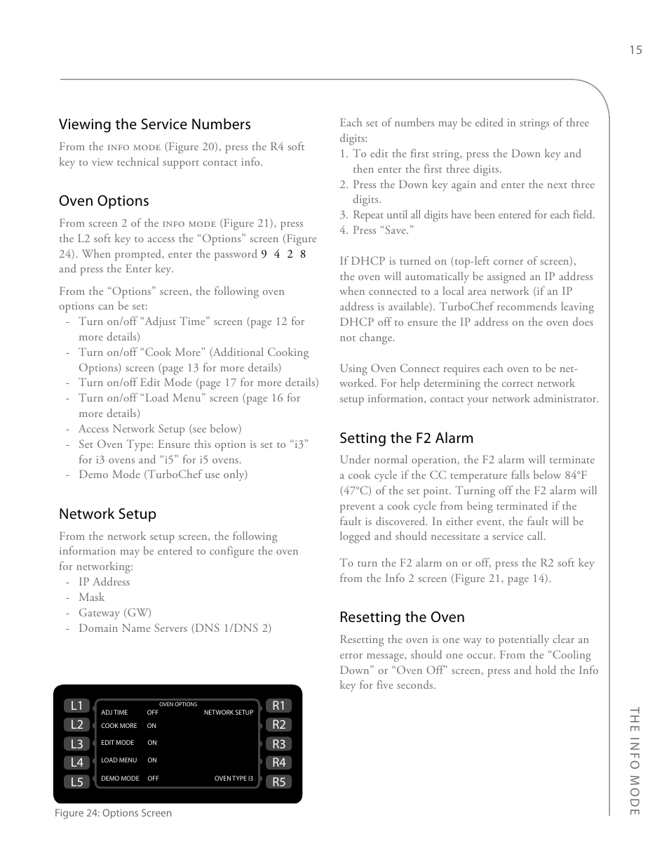 Viewing the service numbers, Oven options, Network setup | Setting the f2 alarm, Resetting the oven, The info mode 15 food item illustration | TurboChef Technologies i3 EN User Manual | Page 23 / 34