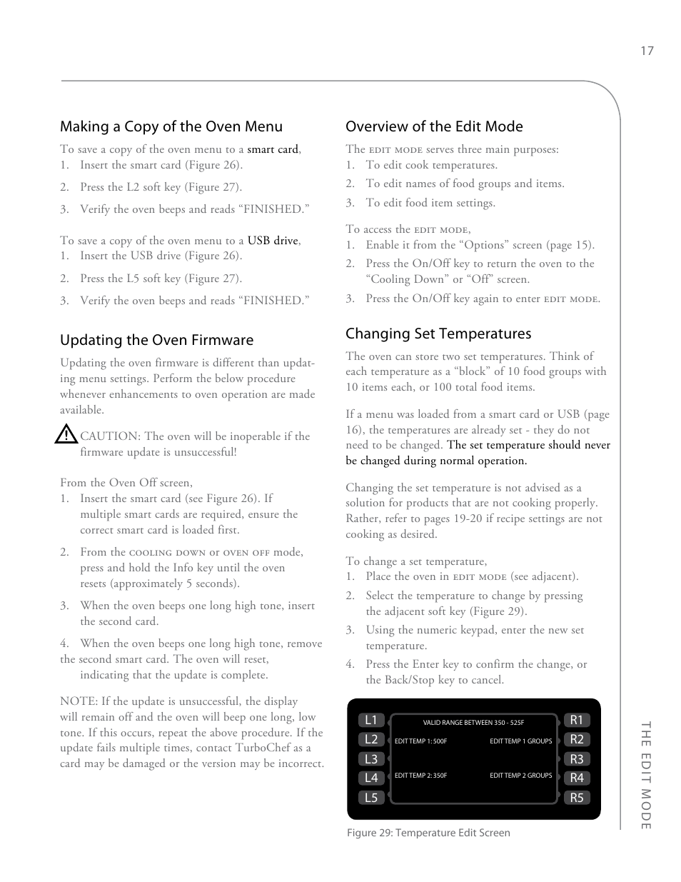Making a copy of the oven menu, Updating the oven firmware, Overview of the edit mode | Changing set temperatures, The edit mode 17 | TurboChef Technologies i3 EN User Manual | Page 25 / 34