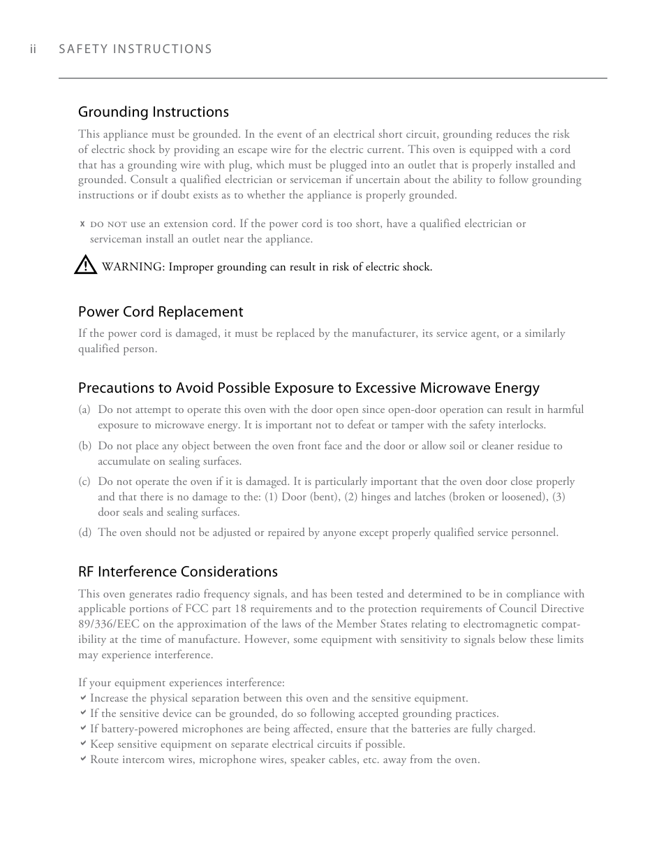 Grounding instructions, Power cord replacement, Rf interference considerations | TurboChef Technologies i3 EN User Manual | Page 8 / 34